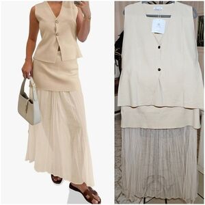 Cream Maxi Pleated Skirt Set for Work
